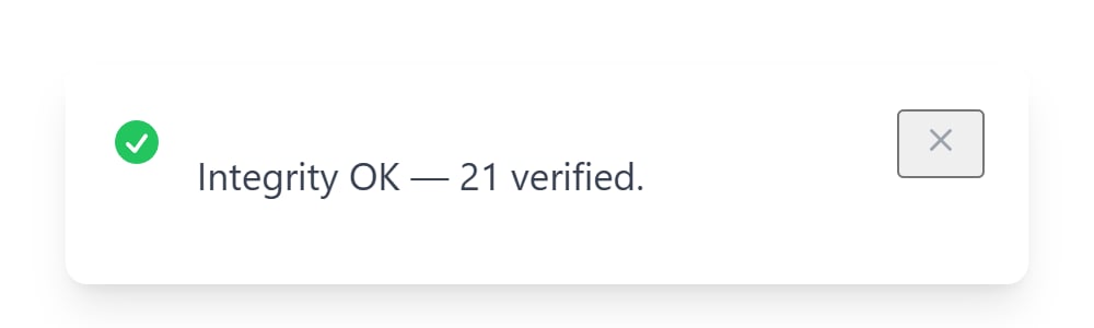 Verify integrity success toast reading Integrity OK — 21 verified