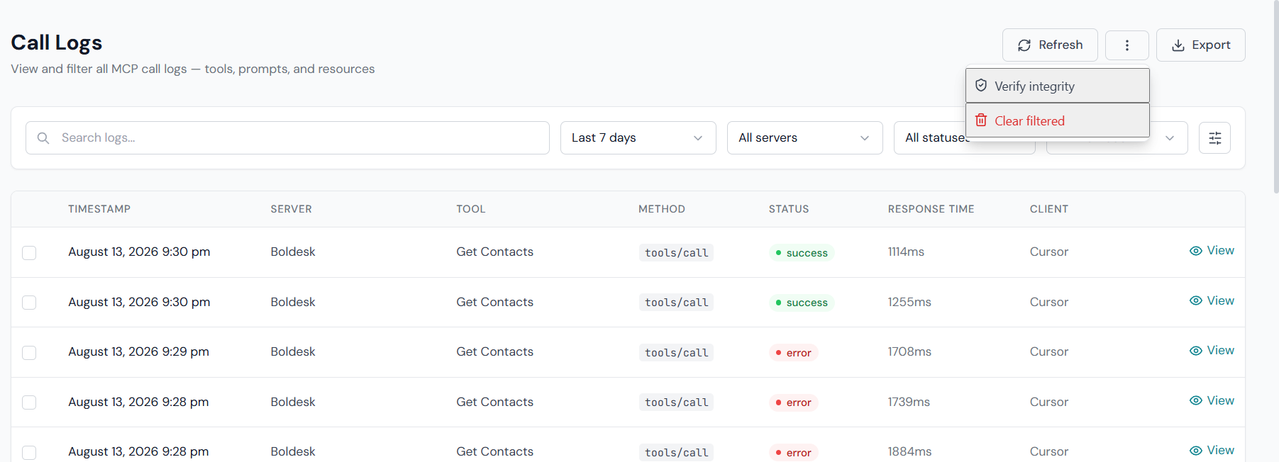 Logs page — More actions kebab menu with Verify integrity item