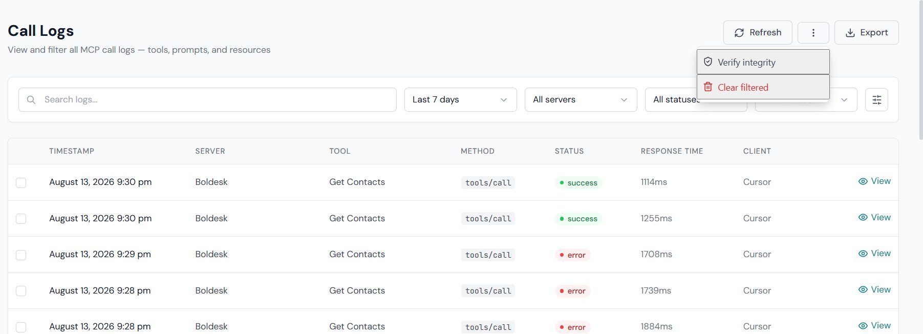 Logs page — More actions kebab menu with Verify integrity item