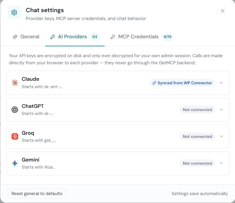 Settings — AI Providers tab listing Claude, ChatGPT, Groq, and Gemini with their status pills and expected key prefixes