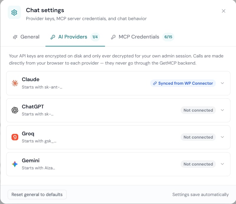 Settings — AI Providers tab listing Claude, ChatGPT, Groq, and Gemini with their status pills and expected key prefixes