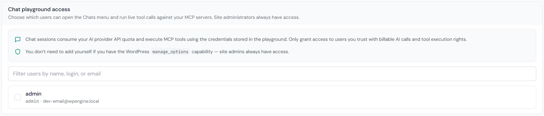 Settings — Security — Chat playground access card with the user filter box and a per-user access checkbox