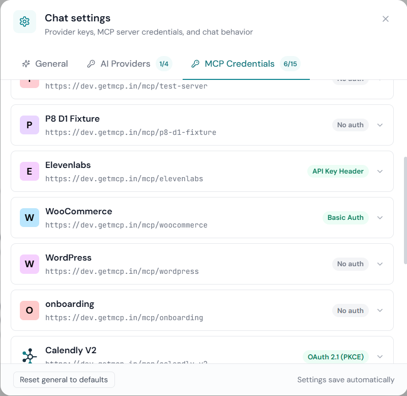 Settings — MCP Credentials tab listing each server with its endpoint and current auth method badge