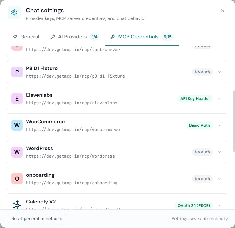 Settings — MCP Credentials tab listing each server with its endpoint and current auth method badge