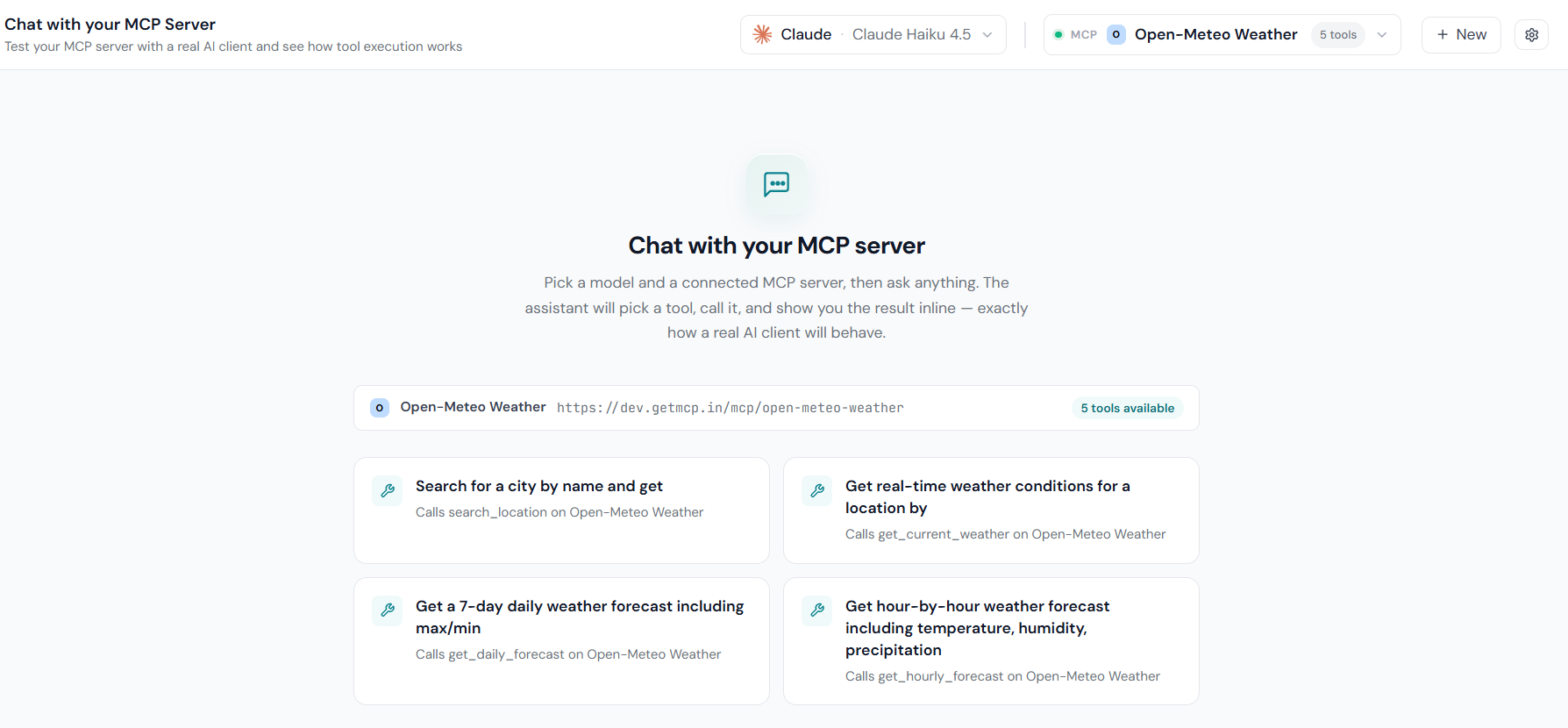 Chat Playground empty state with the provider and MCP server dropdowns in the topbar and four prompt suggestion cards