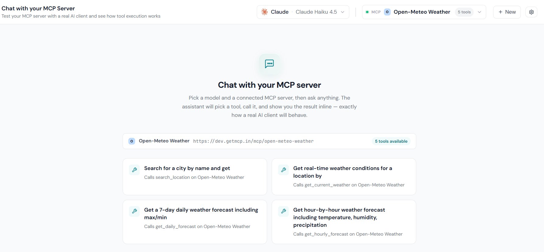 Chat Playground empty state with the provider and MCP server dropdowns in the topbar and four prompt suggestion cards