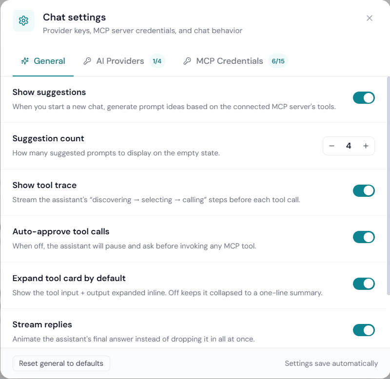 Settings — General tab with the behaviour toggles and the Reset general to defaults button