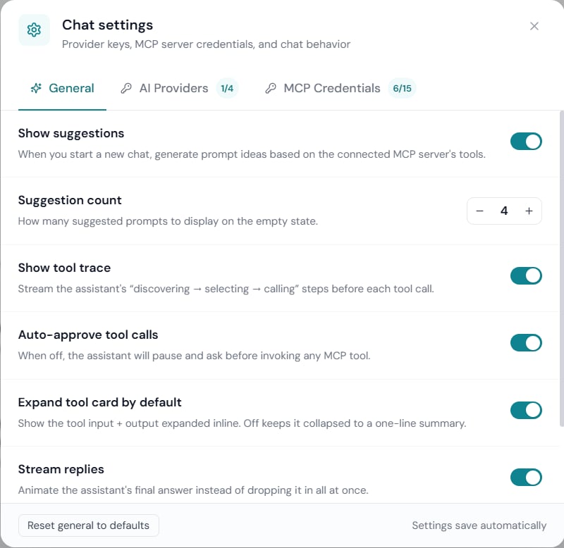 Settings — General tab with the behaviour toggles and the Reset general to defaults button