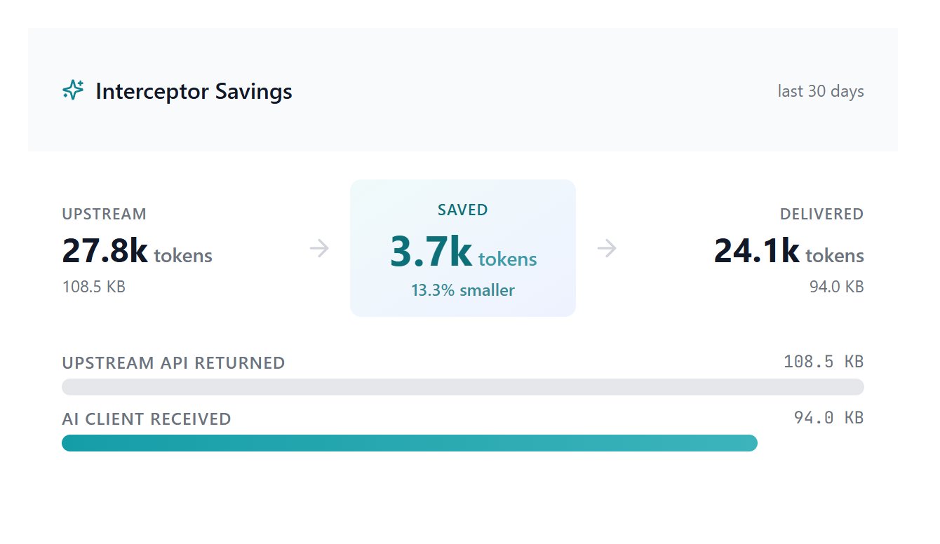 Analytics page — Interceptor Savings widget showing upstream bytes, saved bytes, and delivered bytes