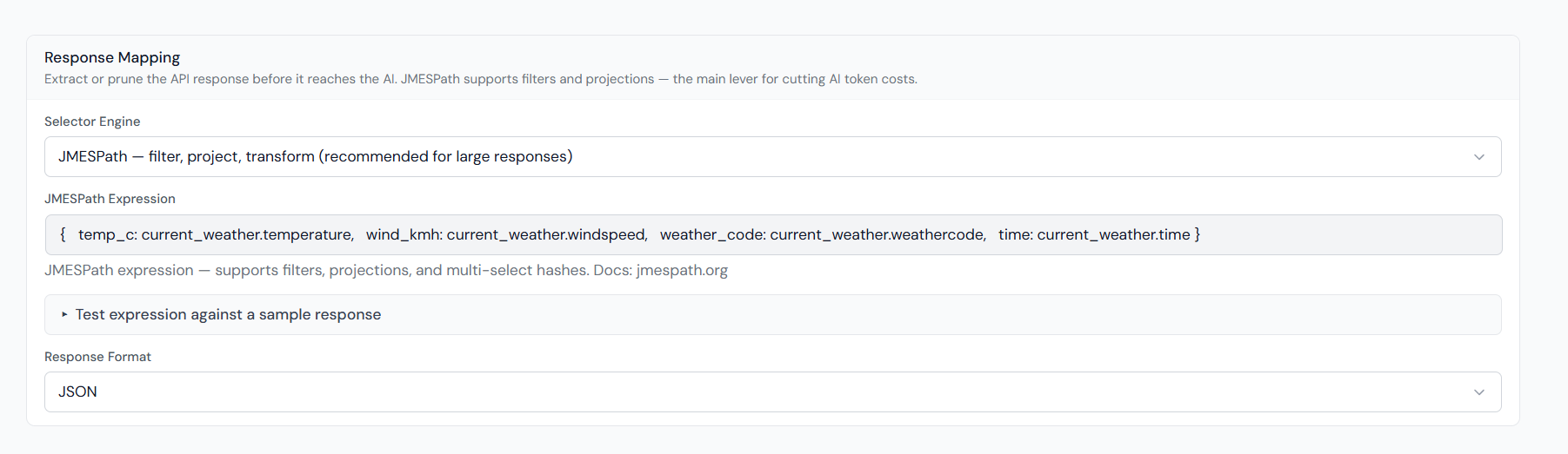 Tool Editor — Response Mapping section with JMESPath engine selected and expression field