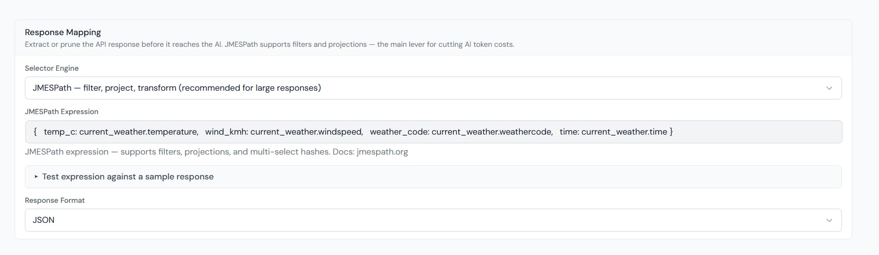 Tool Editor — Response Mapping section with JMESPath engine selected and expression field