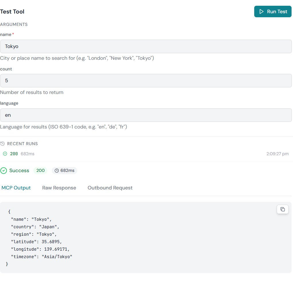 Tool Editor test result panel on the MCP Output tab, showing the pruned payload