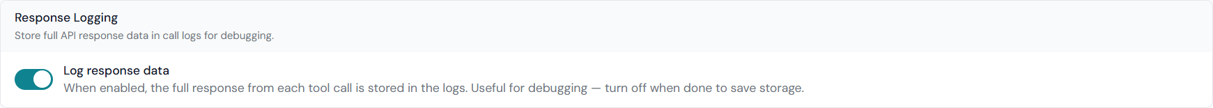 Settings — General — Response Logging card with the Log response data toggle enabled