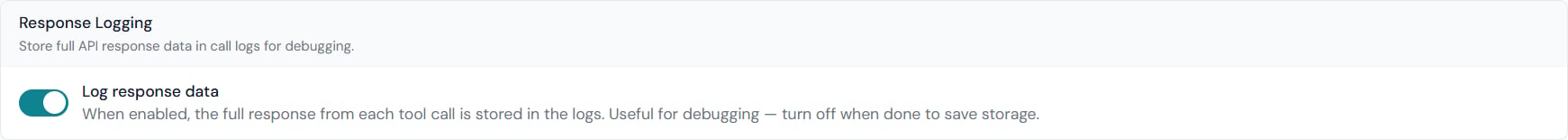 Settings — General — Response Logging card with the Log response data toggle enabled