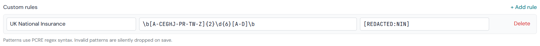 Custom rules row with the UK National Insurance label, regex pattern, and [REDACTED:NIN] replacement