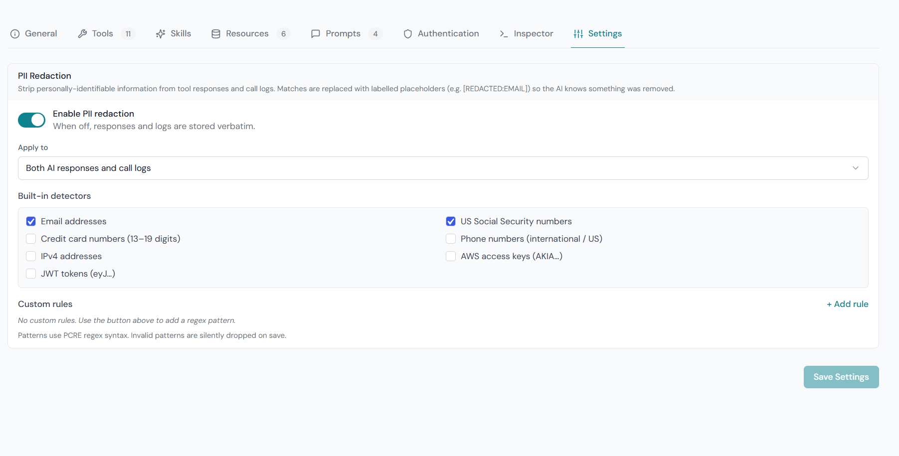 Server Settings — PII Redaction section with scope selector and preset checkboxes