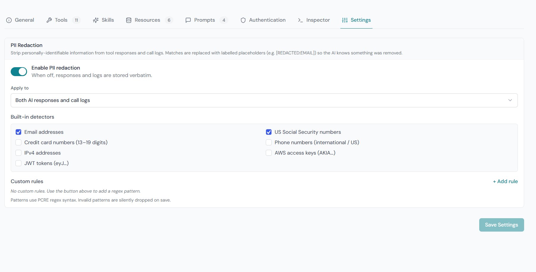 Server Settings — PII Redaction section with scope selector and preset checkboxes