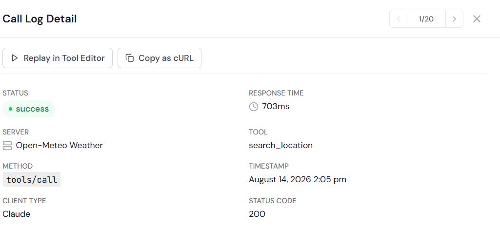 Replay in Tool Editor button in the log detail panel