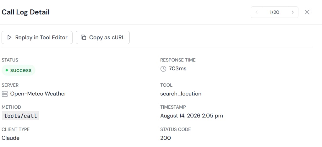 Replay in Tool Editor button in the log detail panel