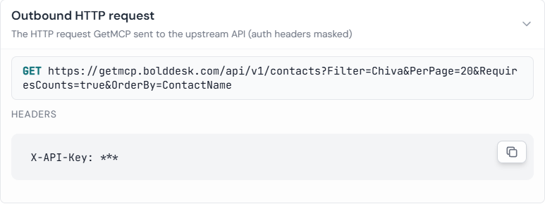 Outbound HTTP request stage expanded, showing the full GET URL and an X-API-Key header masked as ***