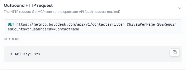 Outbound HTTP request stage expanded, showing the full GET URL and an X-API-Key header masked as ***
