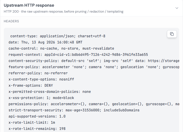 Upstream HTTP response stage expanded, showing HTTP 200 and the raw response headers including x-rate-limit-remaining