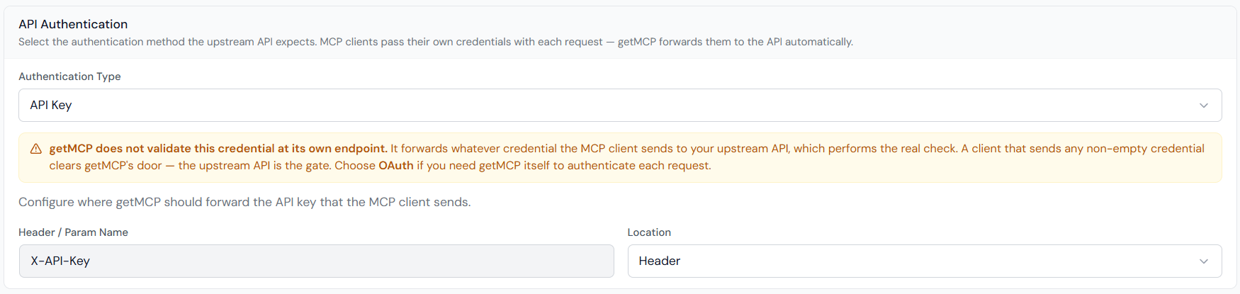 Server — Authentication tab — API Authentication card with the Authentication Type selector set to API Key and the header name and location fields