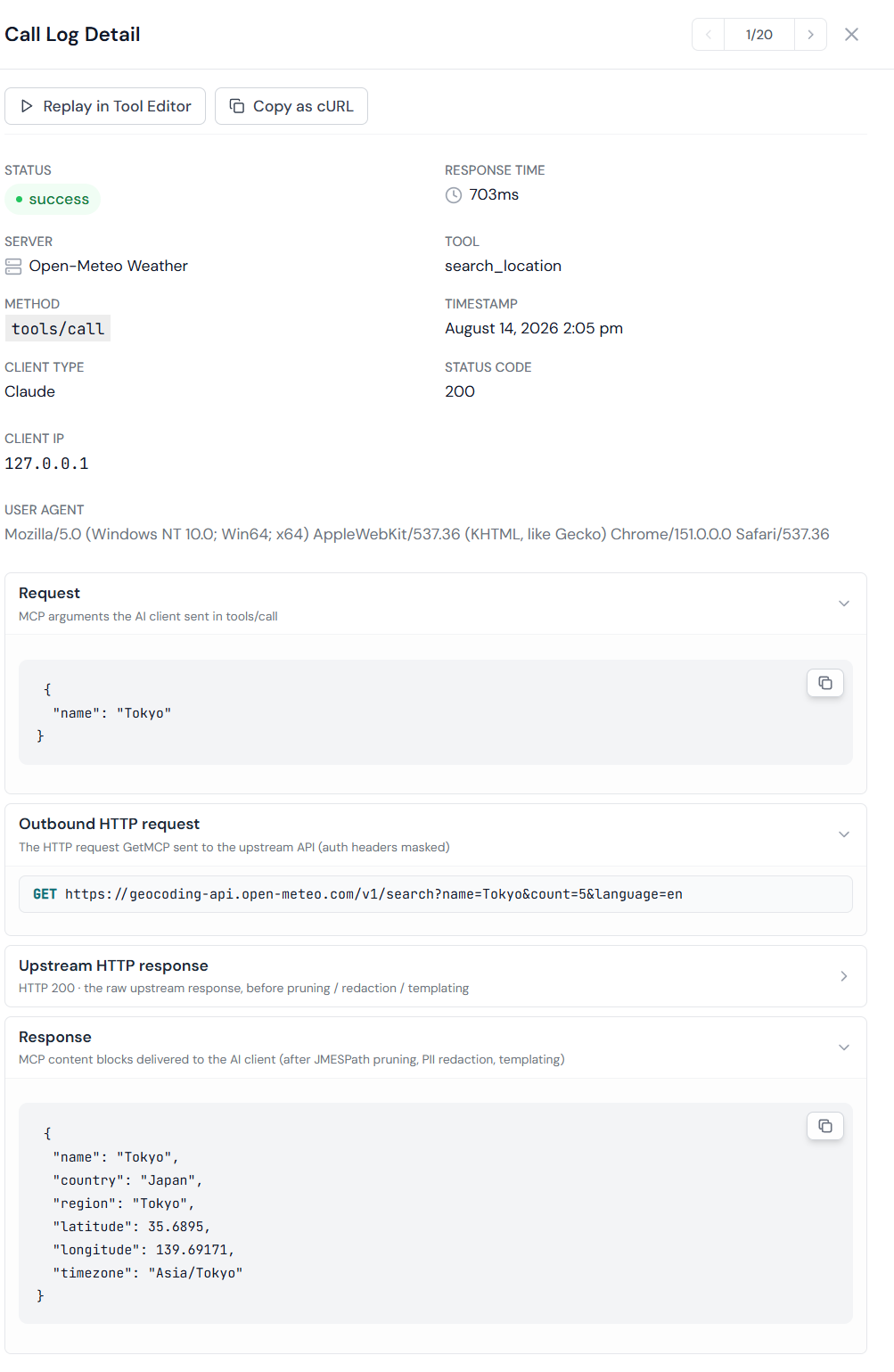 Log detail panel open with four-stage session replay accordion showing request, outbound HTTP, upstream HTTP, and response