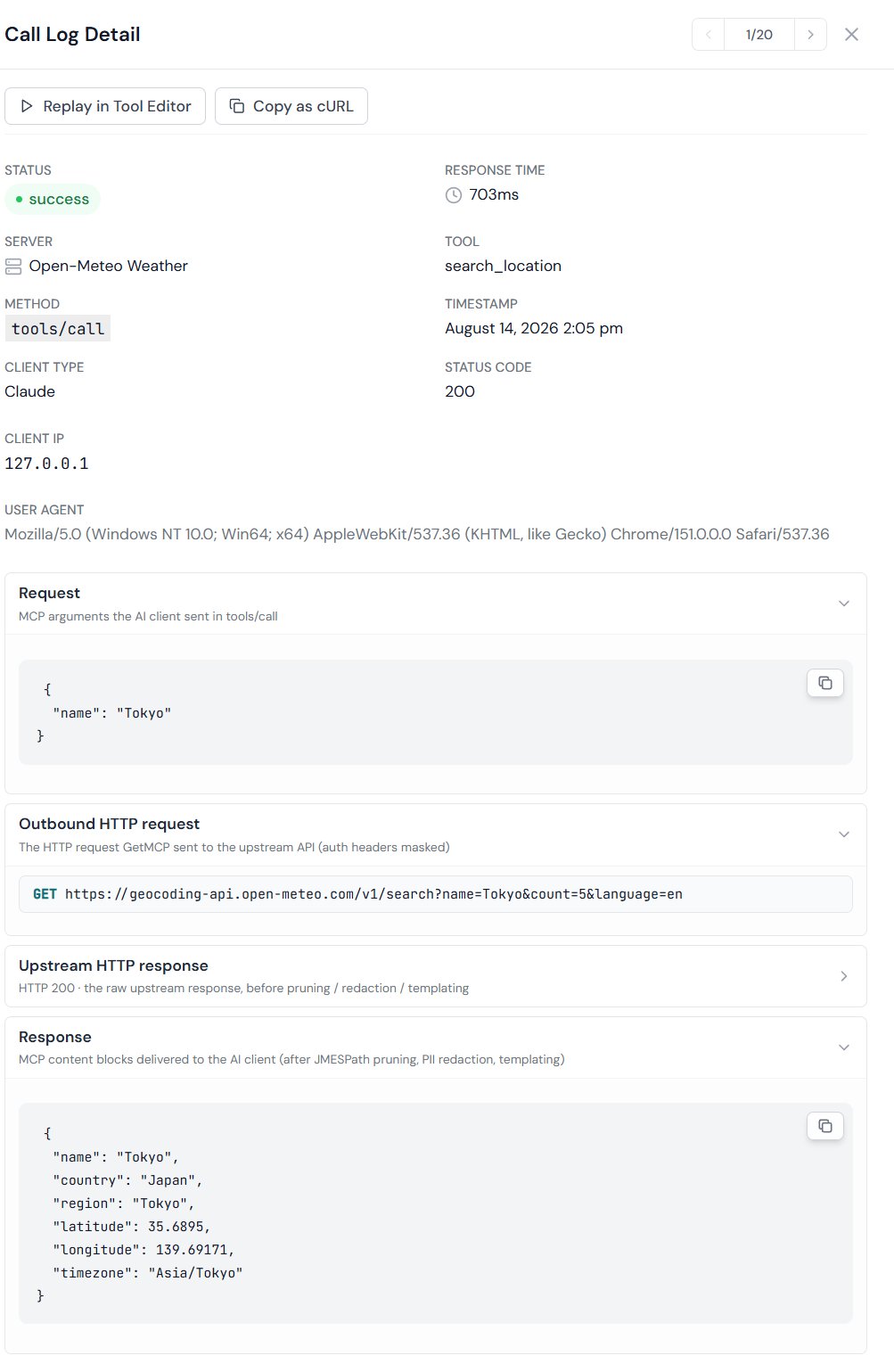 Log detail panel open with four-stage session replay accordion showing request, outbound HTTP, upstream HTTP, and response