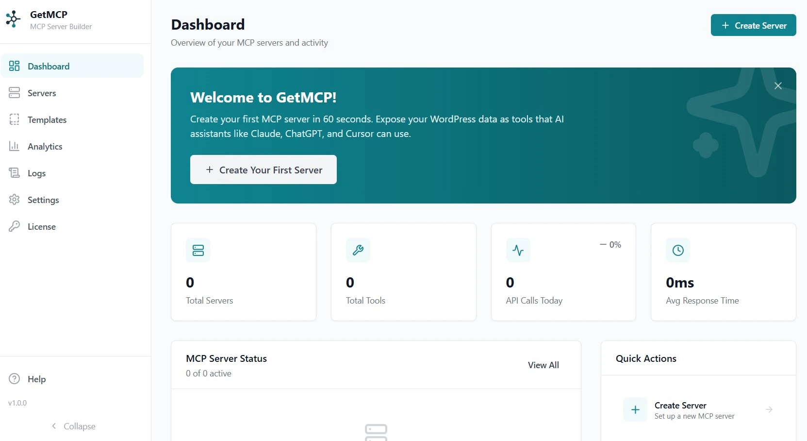 GetMCP Dashboard after installation
