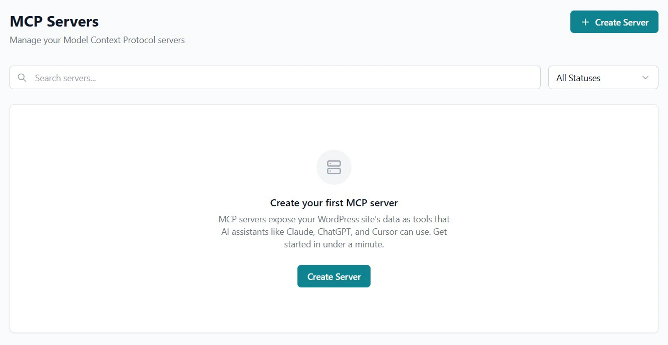 Create Server button on dashboard