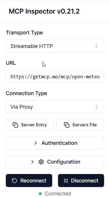MCP Inspector connection status — placeholder