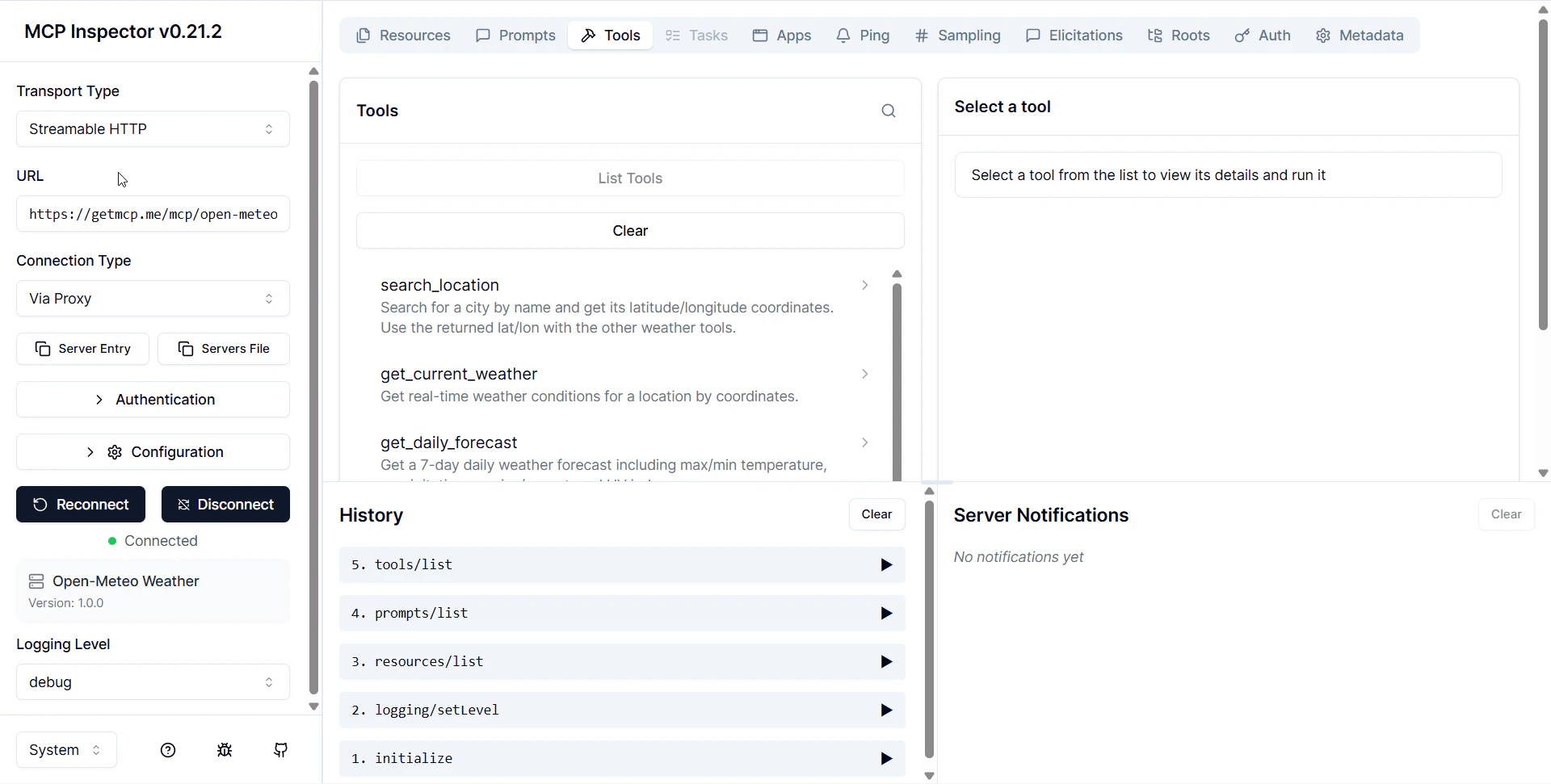 MCP Inspector connected to a GetMCP server — placeholder