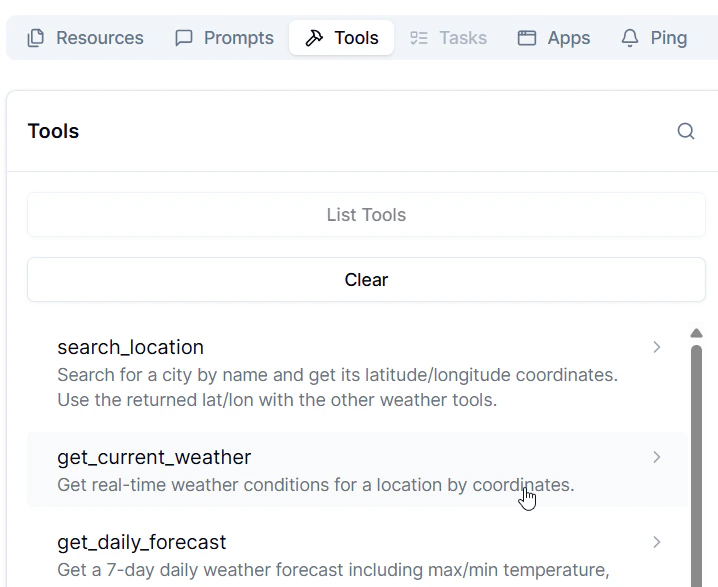Tools list in MCP Inspector — placeholder