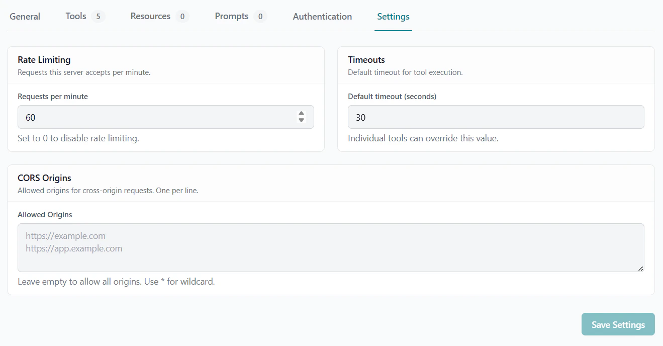 Server Settings — Rate Limit and Timeout