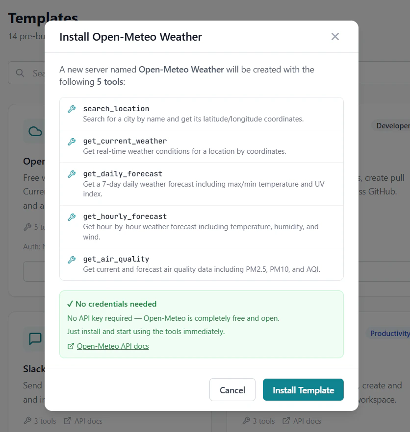 Auth instructions panel inside the install modal showing steps to get API credentials