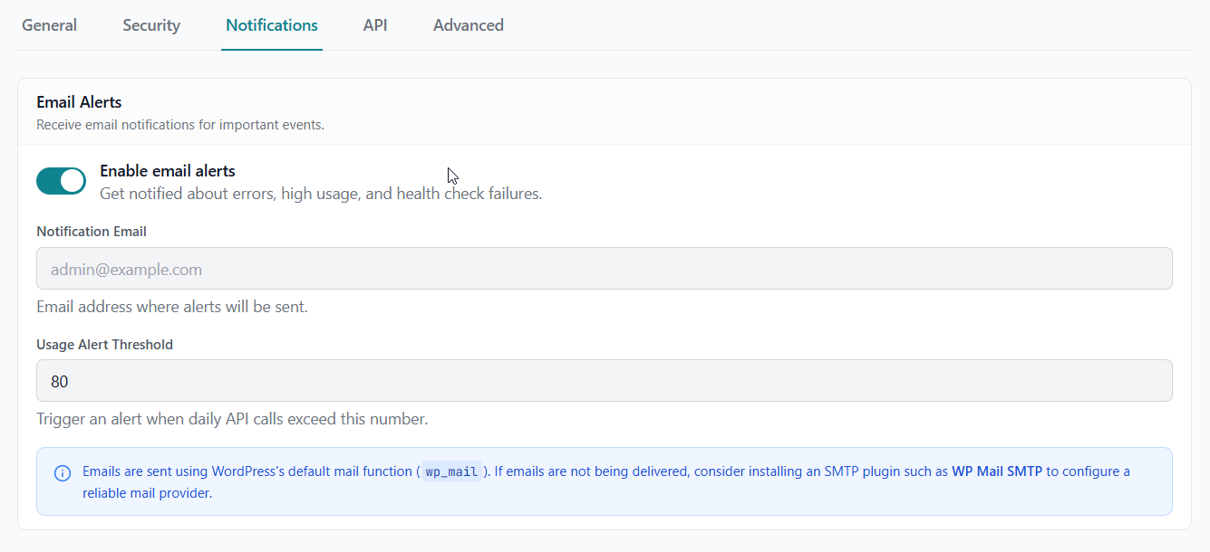 Global Settings — Notifications tab with email alert configuration