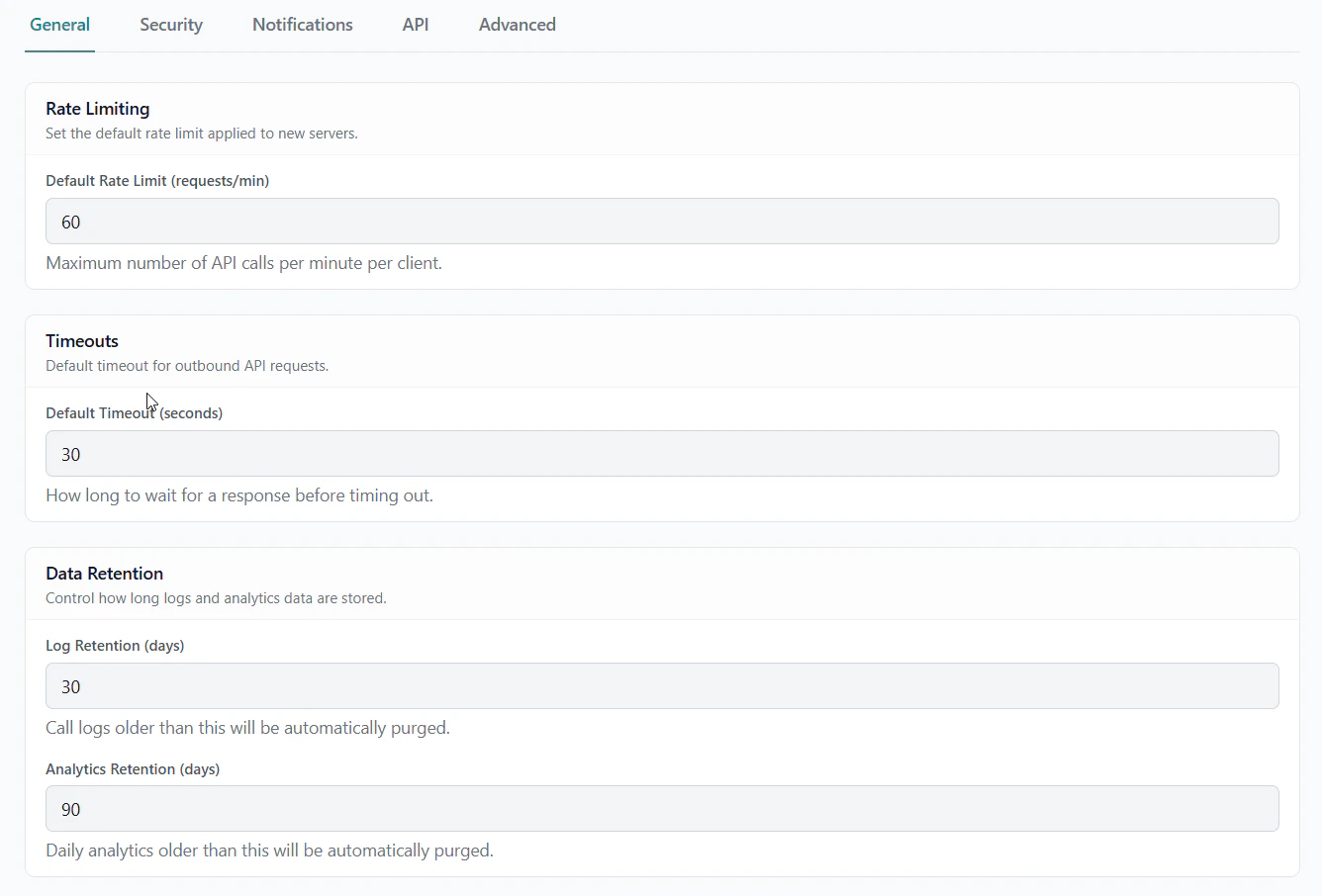 Global Settings — General tab with Rate Limiting, Timeouts, and Data Retention