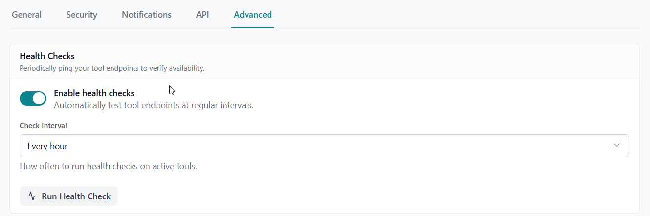 Global Settings — Advanced tab with health check configuration