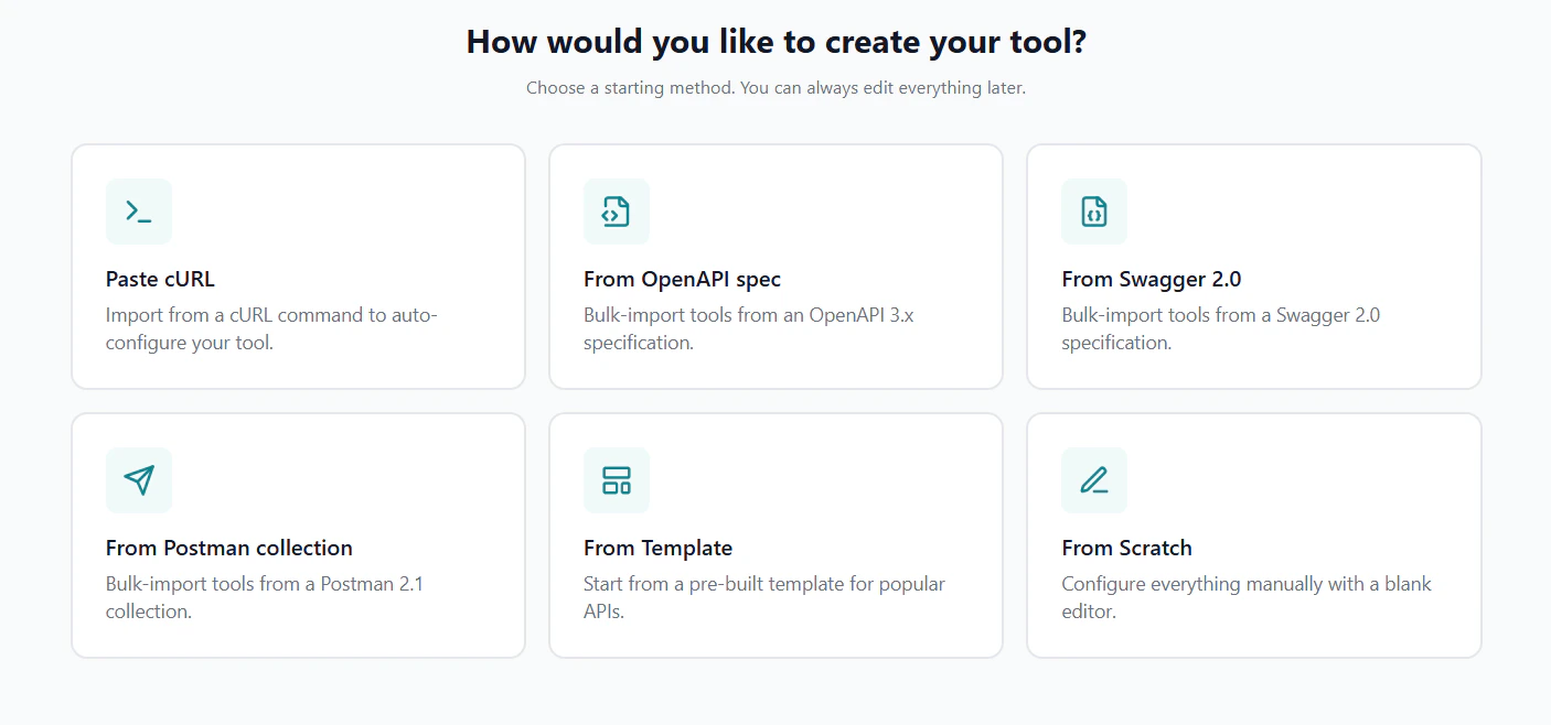 Tool creation method selector — choose From OpenAPI spec