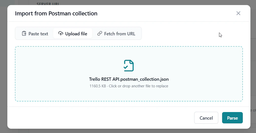 Postman import dialog — upload file tab with collection loaded
