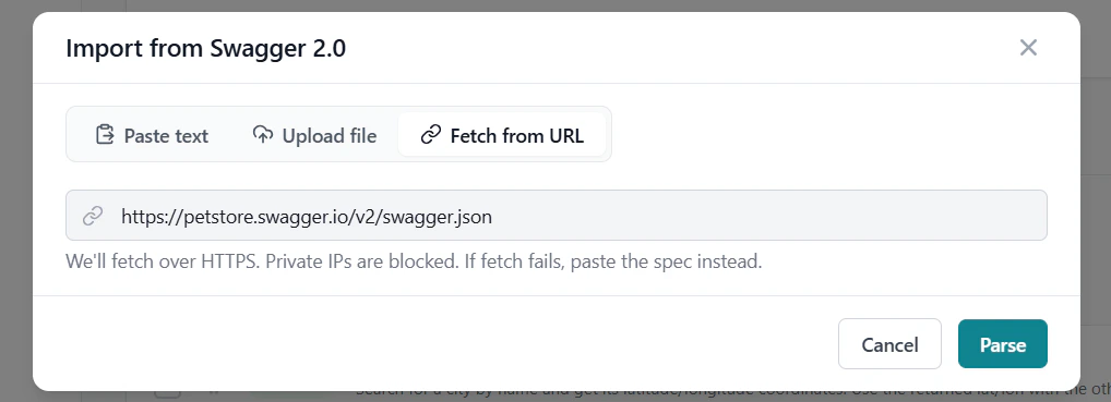 Swagger import dialog — fetch from URL tab with swagger.json URL
