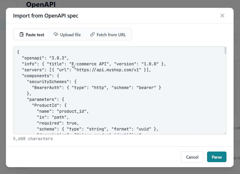 OpenAPI import dialog — paste text with spec content