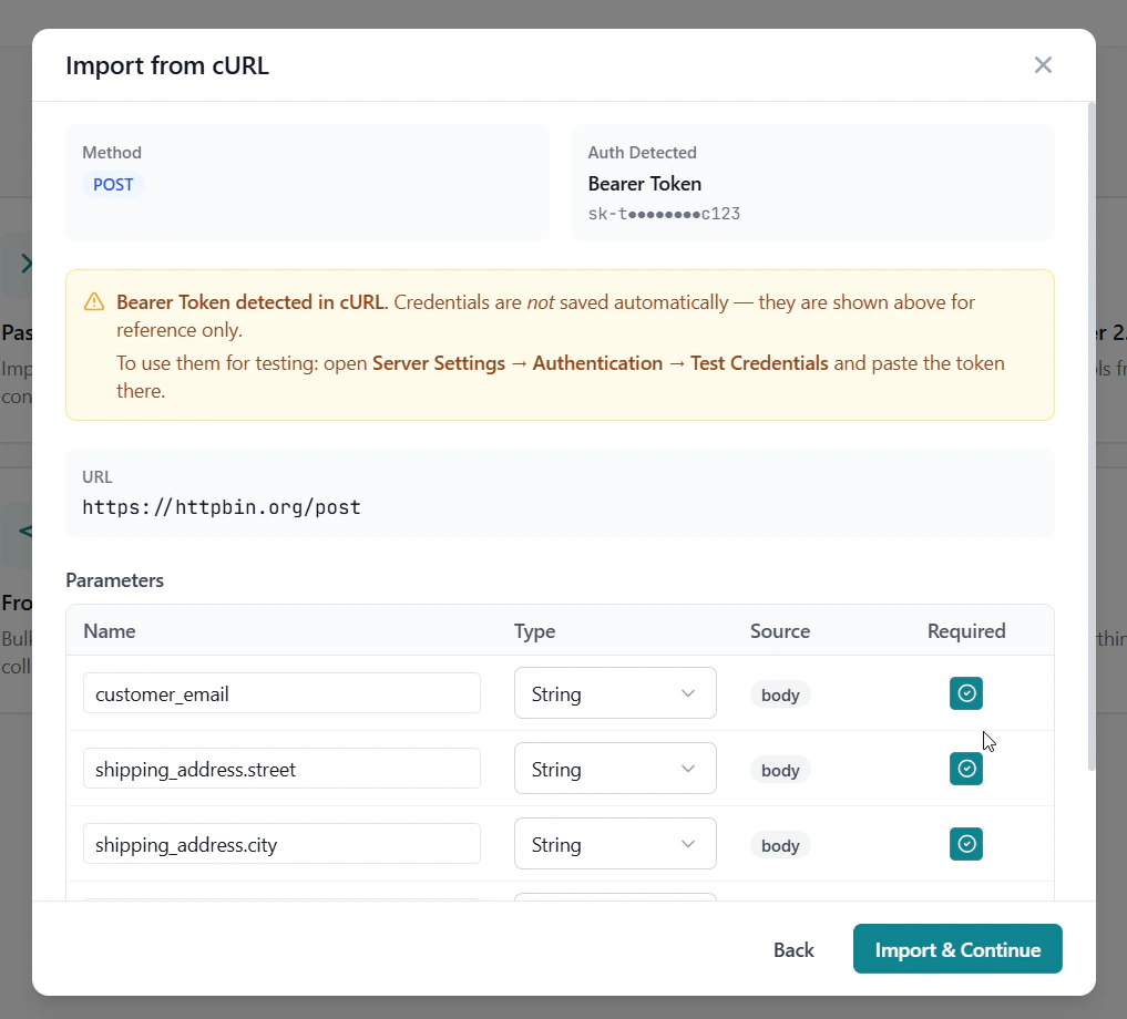cURL parse preview showing detected parameters
