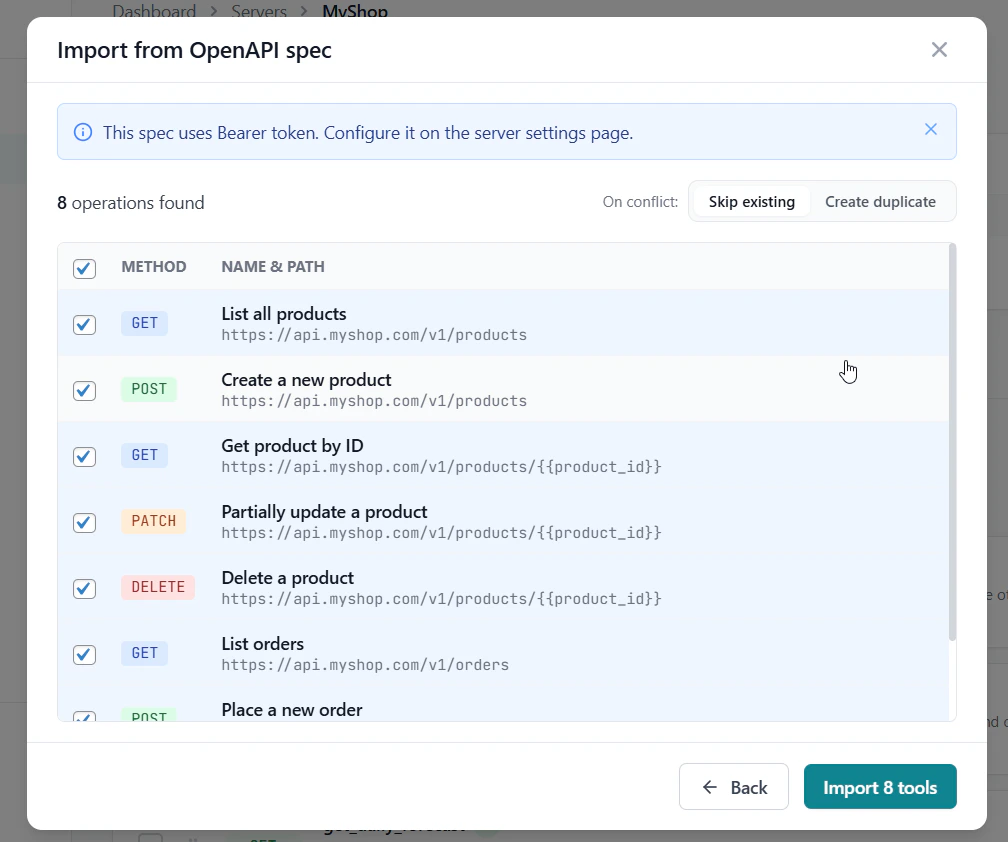 OpenAPI import preview — operations list with method, name, and path