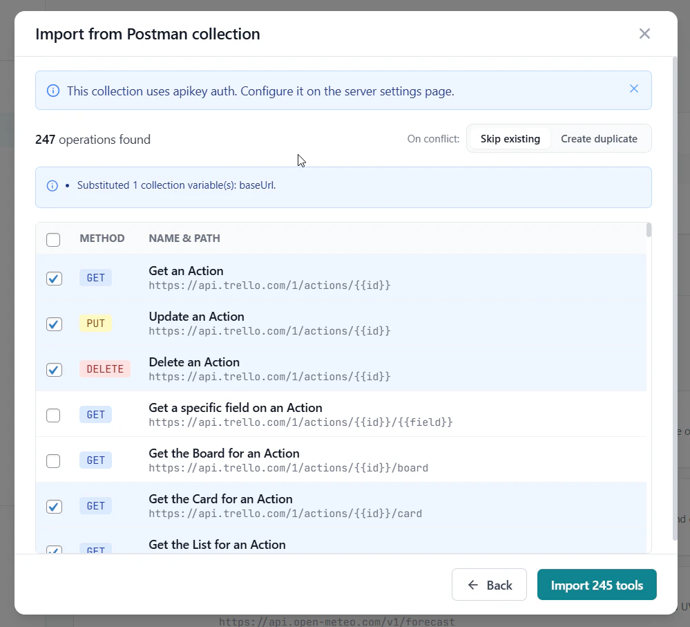 Postman import preview — 247 operations from Trello collection