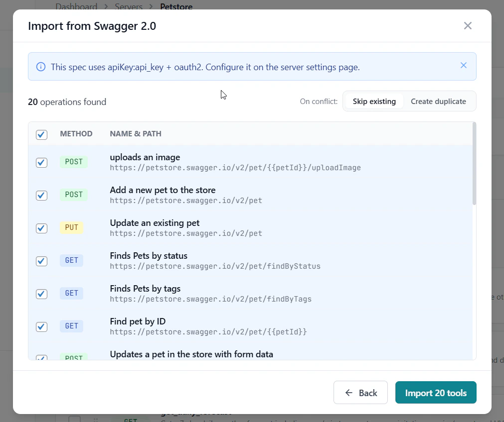Swagger import preview — 20 operations found with method and path