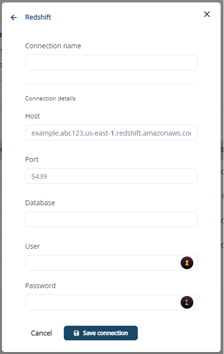 Redshift connection details form