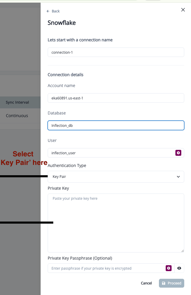 Key-pair authentication fields for the Snowflake import connection