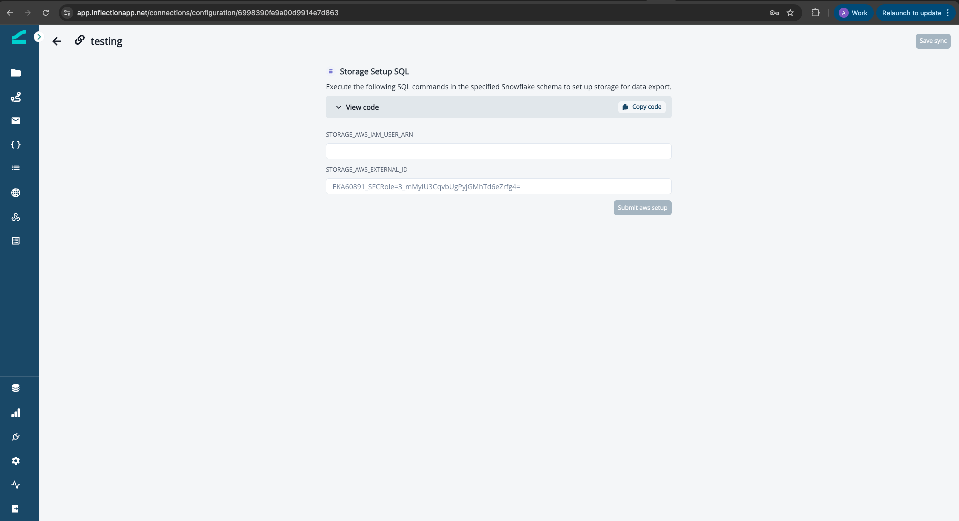 Storage integration setup showing the SQL script and the STORAGE_AWS_IAM_USER_ARN and STORAGE_AWS_EXTERNAL_ID fields